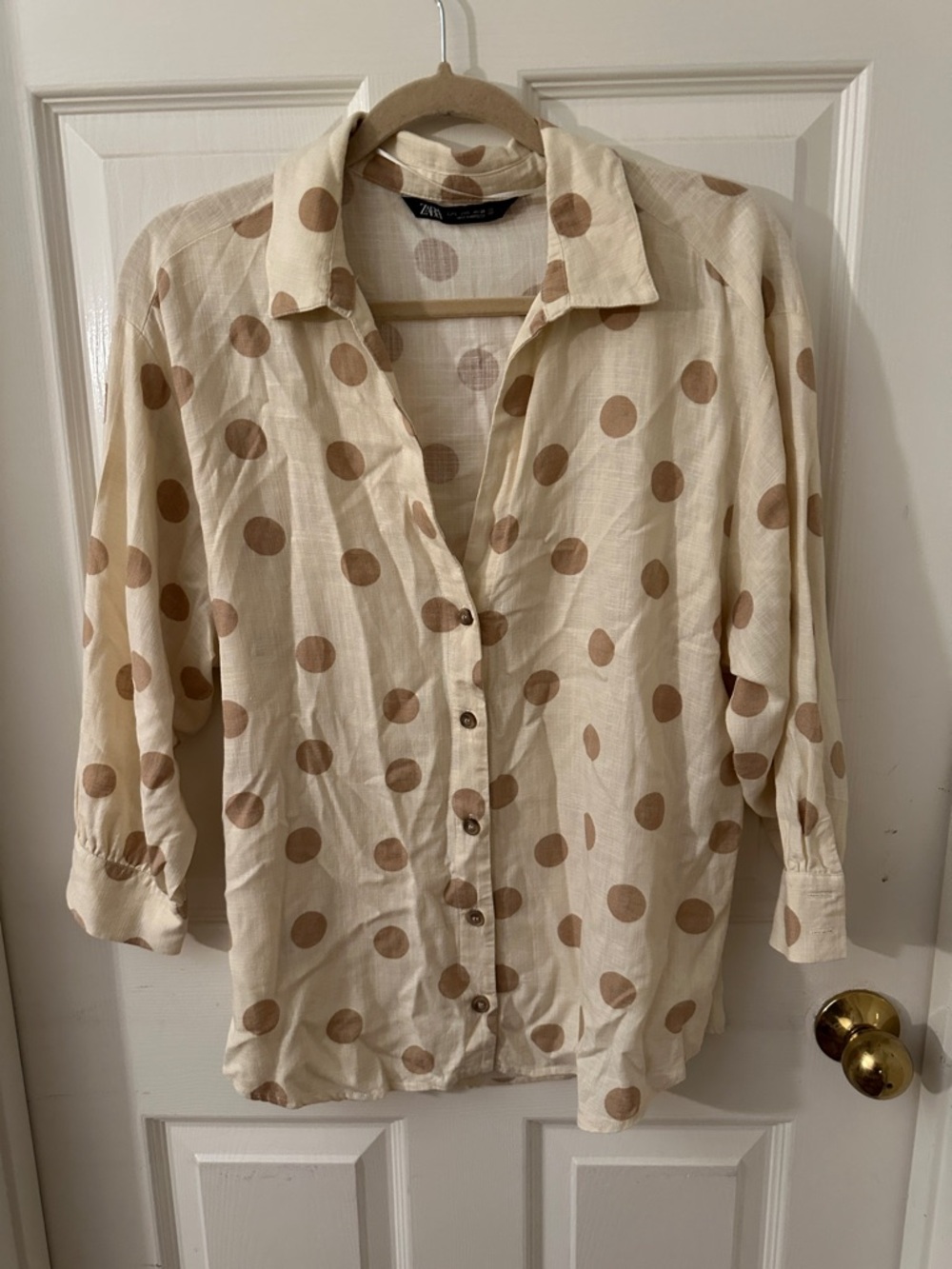 Zara Cream Button-Down Shirt with Tan Polka Dots